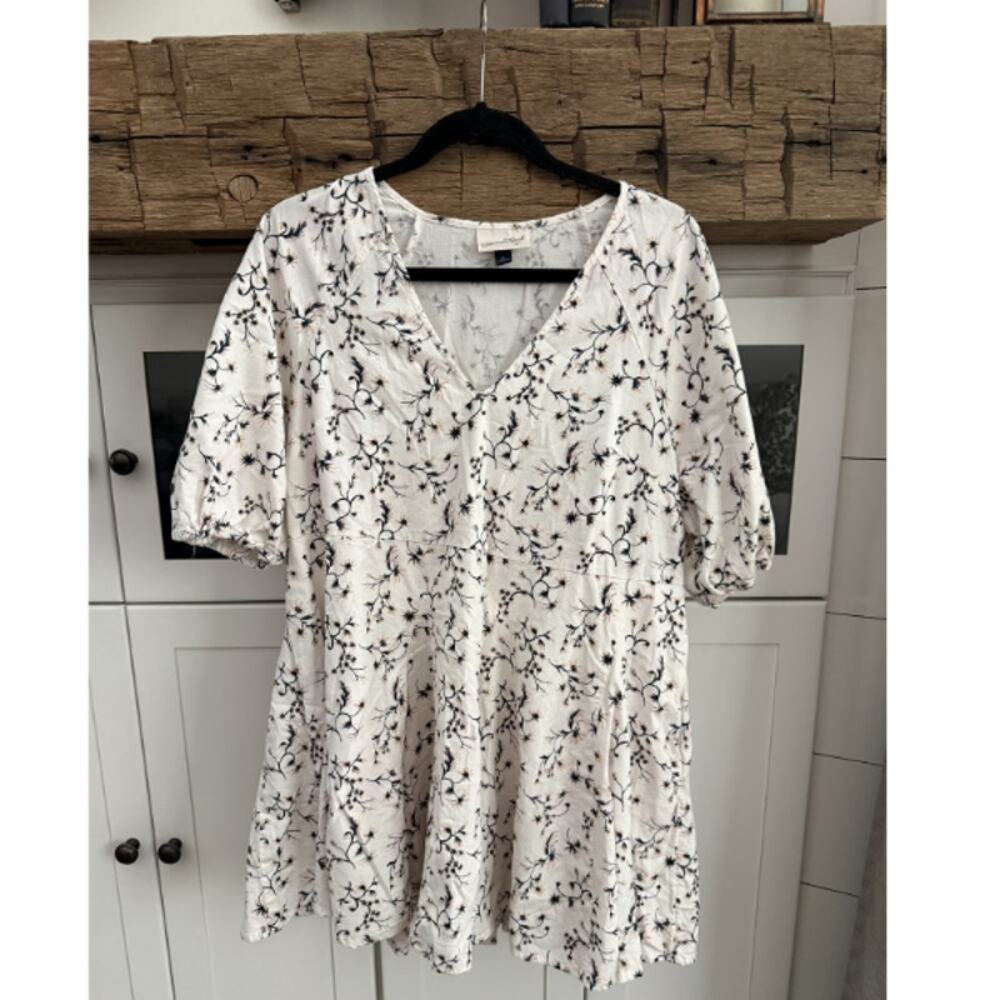 Universal Thread Linen Blend Floral Babydoll Dress V-Neck Puff Sleeve XL
